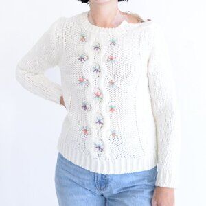 Vintage Sears The Fashion Place Cream Cable Knit Floral Crewneck Sweater Small